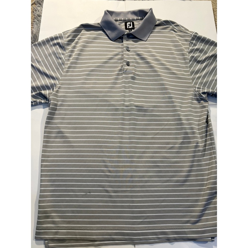 FootJoy FJ‎ Golf Polo Shirt Mens Large Gray White Striped Short Sleeve